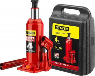 Домкрат бутылочный гидравлический в кейсе STAYER RED FORCE 4т, 195-380ммSTAYER