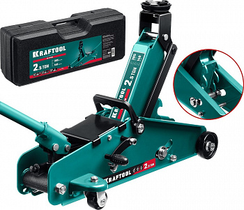 Подкатной домкрат с увеличенным подъемом и фиксатором KRAFTOOL S-PIN 2.5 т, 140 - 385 мм, в кейсе